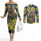 Personalized North Queensland Cowboys Rugby Christmas Couples Matching Off The Shoulder Long Sleeve Dress and Long Sleeve Button Shirt Holiday Mascot Graphic Art Festive Lights Bow