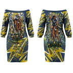 Personalized North Queensland Cowboys Rugby Christmas Couples Matching Off The Shoulder Long Sleeve Dress and Long Sleeve Button Shirt Holiday Mascot Graphic Art Festive Lights Bow