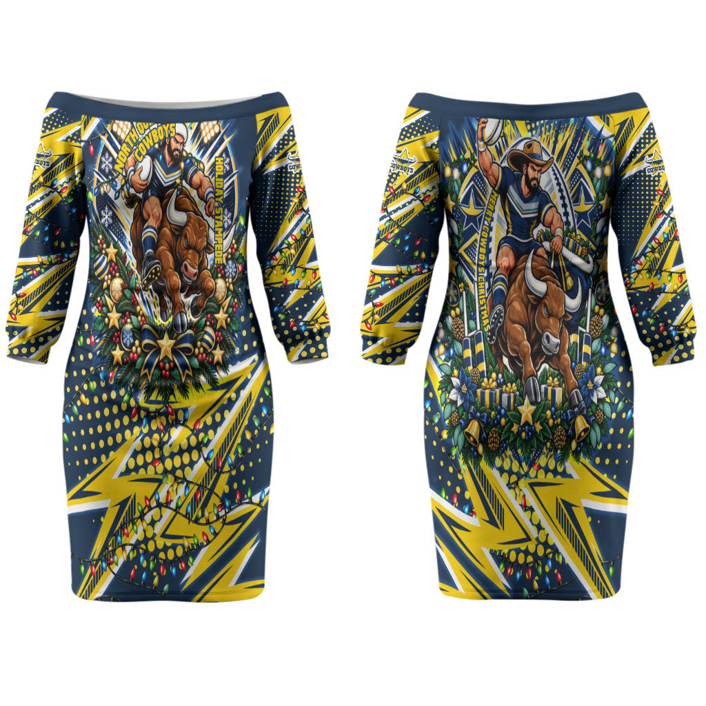 Personalized North Queensland Cowboys Rugby Christmas Couples Matching Off The Shoulder Long Sleeve Dress and Long Sleeve Button Shirt Holiday Mascot Graphic Art Festive Lights Bow