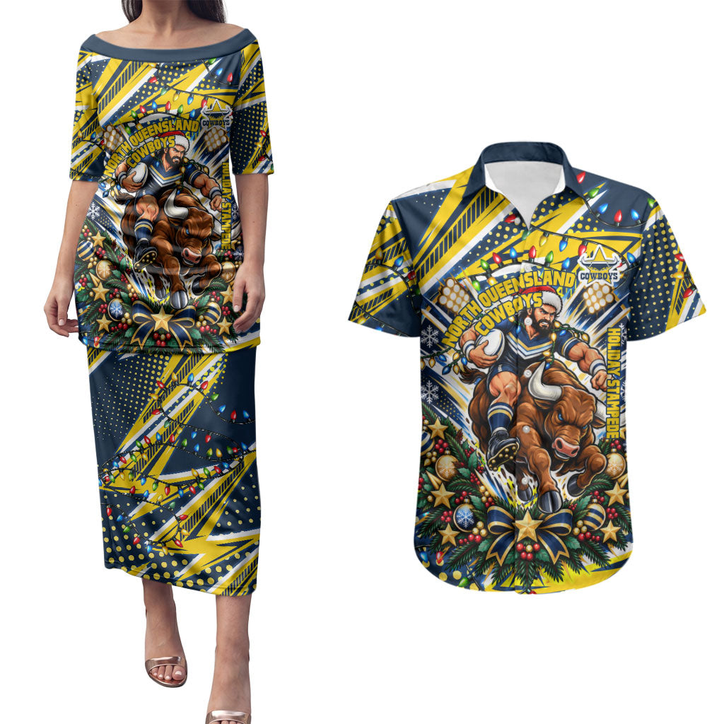Personalized North Queensland Cowboys Rugby Christmas Couples Matching Puletasi and Hawaiian Shirt Holiday Mascot Graphic Art Festive Lights Bow