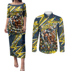 Personalized North Queensland Cowboys Rugby Christmas Couples Matching Puletasi and Long Sleeve Button Shirt Holiday Mascot Graphic Art Festive Lights Bow