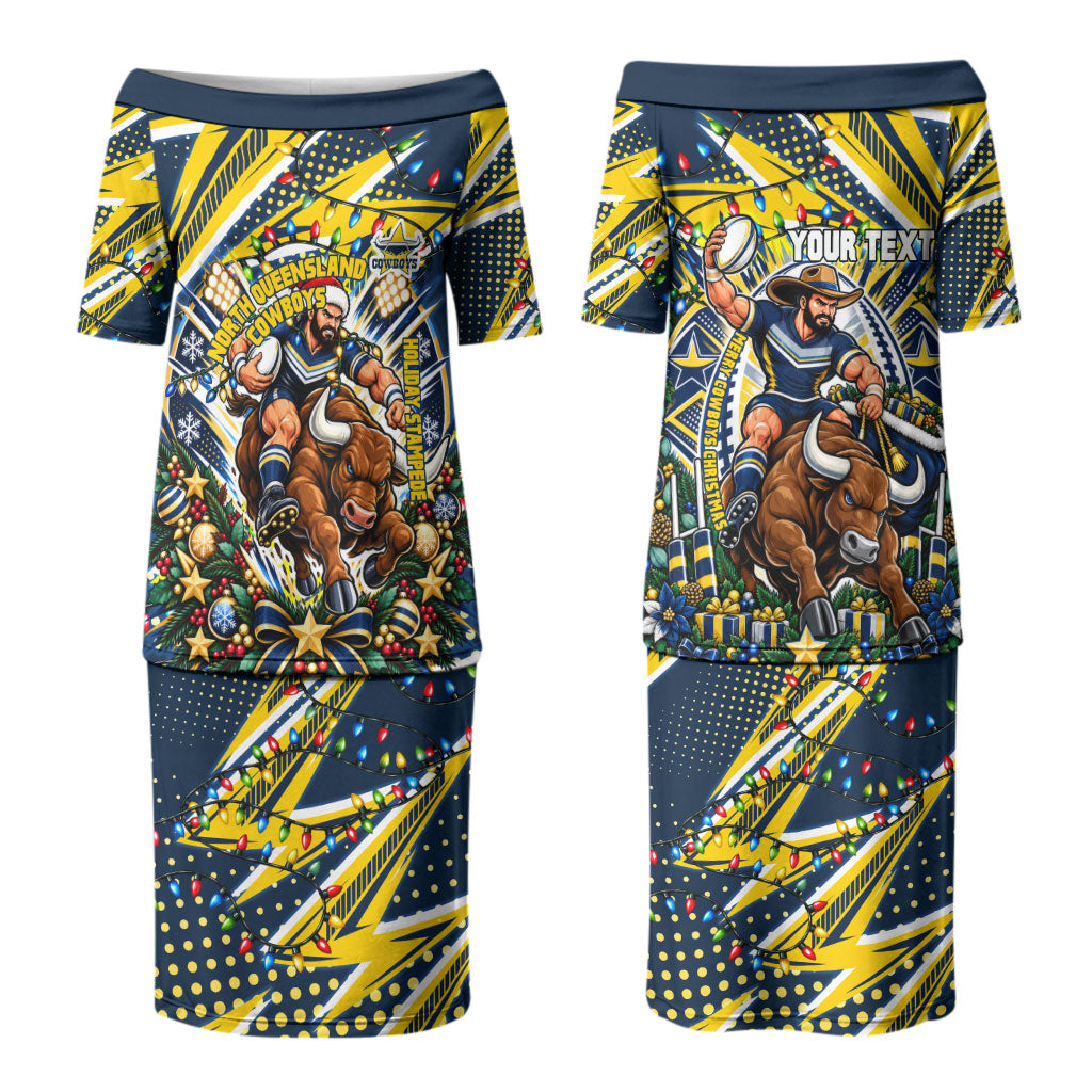 Personalized North Queensland Cowboys Rugby Christmas Couples Matching Puletasi and Long Sleeve Button Shirt Holiday Mascot Graphic Art Festive Lights Bow