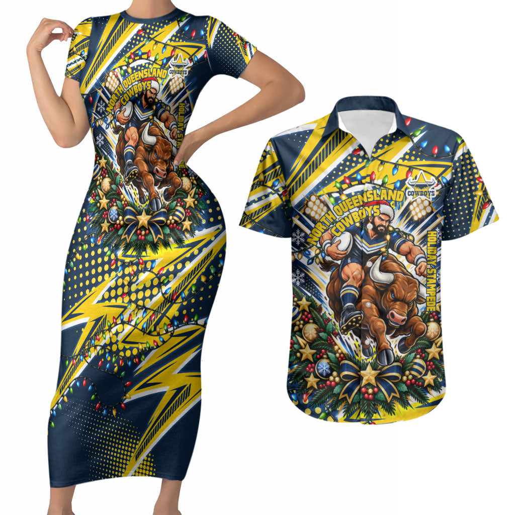 Personalized North Queensland Cowboys Rugby Christmas Couples Matching Short Sleeve Bodycon Dress and Hawaiian Shirt Holiday Mascot Graphic Art Festive Lights Bow