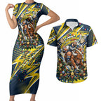 Personalized North Queensland Cowboys Rugby Christmas Couples Matching Short Sleeve Bodycon Dress and Hawaiian Shirt Holiday Mascot Graphic Art Festive Lights Bow