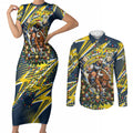 Personalized North Queensland Cowboys Rugby Christmas Couples Matching Short Sleeve Bodycon Dress and Long Sleeve Button Shirt Holiday Mascot Graphic Art Festive Lights Bow