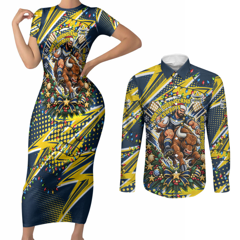 Personalized North Queensland Cowboys Rugby Christmas Couples Matching Short Sleeve Bodycon Dress and Long Sleeve Button Shirt Holiday Mascot Graphic Art Festive Lights Bow