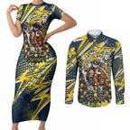 Personalized North Queensland Cowboys Rugby Christmas Couples Matching Short Sleeve Bodycon Dress and Long Sleeve Button Shirt Holiday Mascot Graphic Art Festive Lights Bow