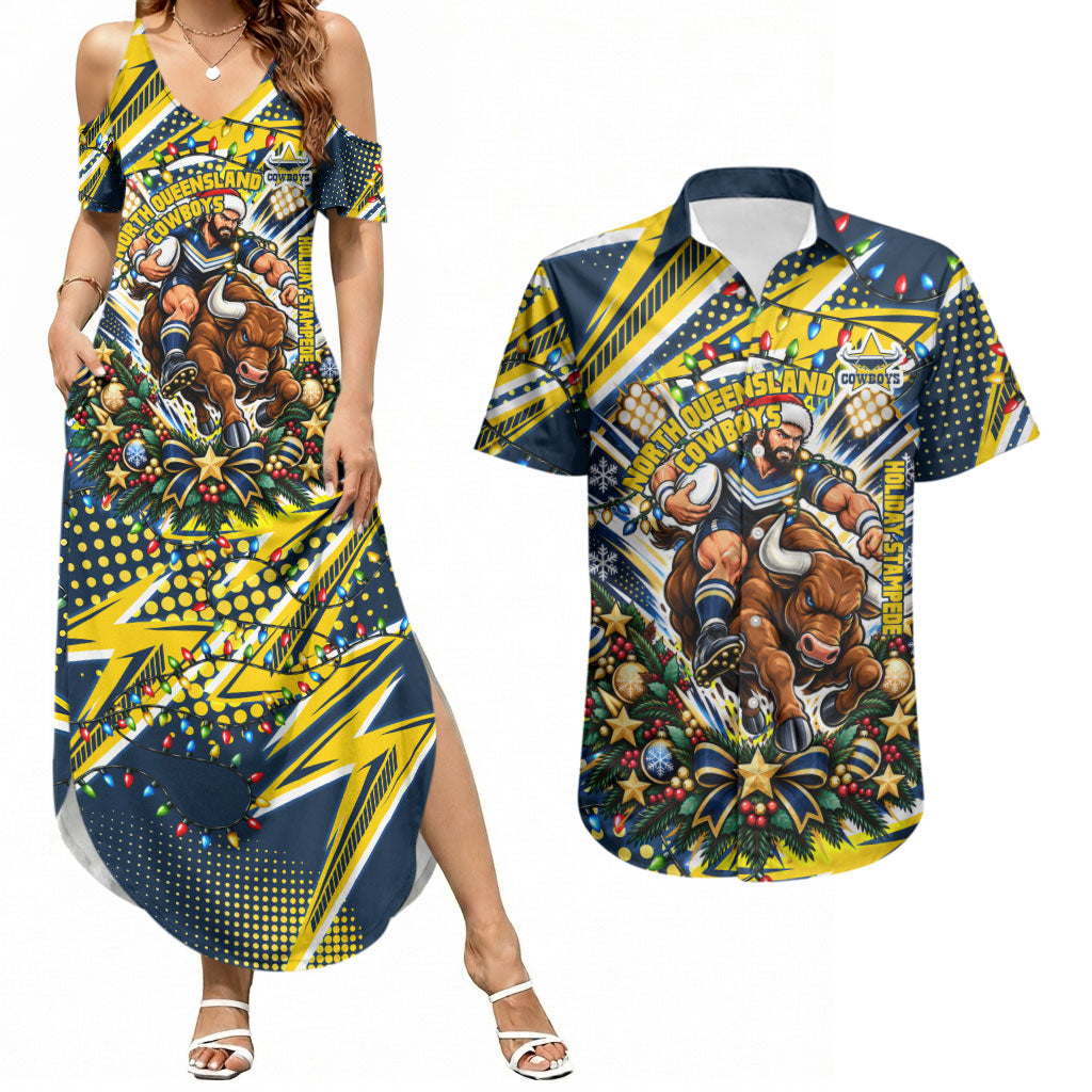 Personalized North Queensland Cowboys Rugby Christmas Couples Matching Summer Maxi Dress and Hawaiian Shirt Holiday Mascot Graphic Art Festive Lights Bow