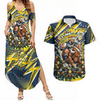 Personalized North Queensland Cowboys Rugby Christmas Couples Matching Summer Maxi Dress and Hawaiian Shirt Holiday Mascot Graphic Art Festive Lights Bow