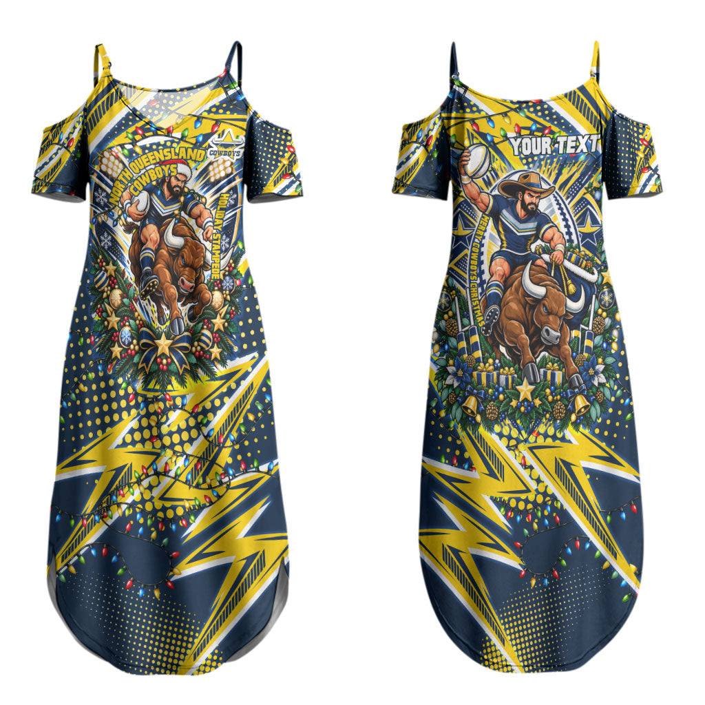 Personalized North Queensland Cowboys Rugby Christmas Couples Matching Summer Maxi Dress and Hawaiian Shirt Holiday Mascot Graphic Art Festive Lights Bow