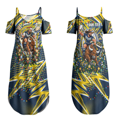 Personalized North Queensland Cowboys Rugby Christmas Couples Matching Summer Maxi Dress and Hawaiian Shirt Holiday Mascot Graphic Art Festive Lights Bow