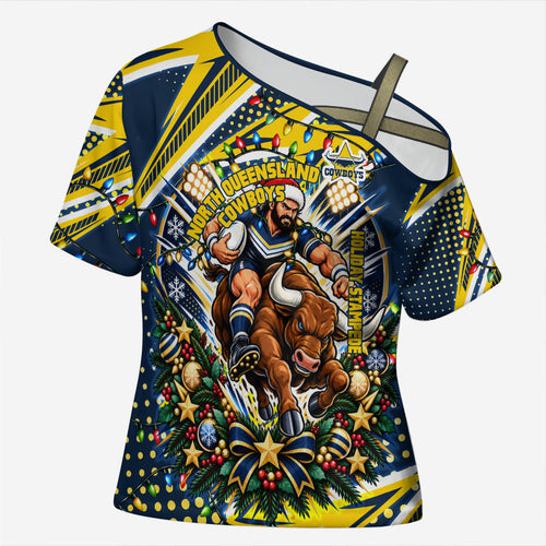Personalized North Queensland Cowboys Rugby Christmas Cross Shoulder Shirt Holiday Mascot Graphic Art Festive Lights Bow