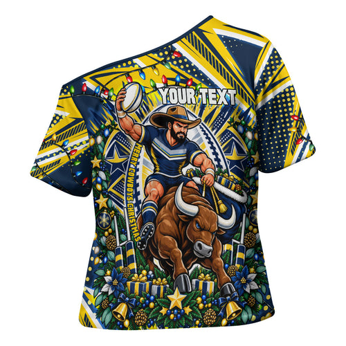 Personalized North Queensland Cowboys Rugby Christmas Cross Shoulder Shirt Holiday Mascot Graphic Art Festive Lights Bow