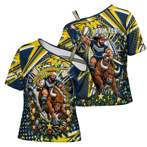 Personalized North Queensland Cowboys Rugby Christmas Cross Shoulder Shirt Holiday Mascot Graphic Art Festive Lights Bow