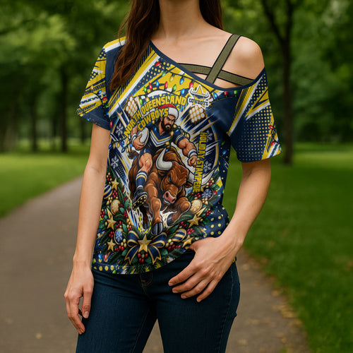 Personalized North Queensland Cowboys Rugby Christmas Cross Shoulder Shirt Holiday Mascot Graphic Art Festive Lights Bow