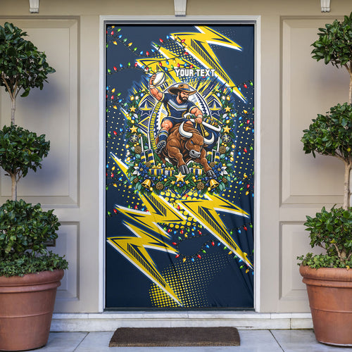 Personalized North Queensland Cowboys Rugby Christmas Door Cover Holiday Mascot Graphic Art Festive Lights Bow