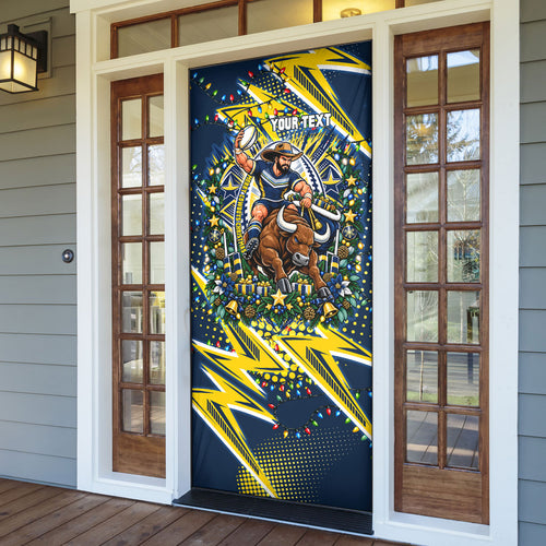 Personalized North Queensland Cowboys Rugby Christmas Door Cover Holiday Mascot Graphic Art Festive Lights Bow
