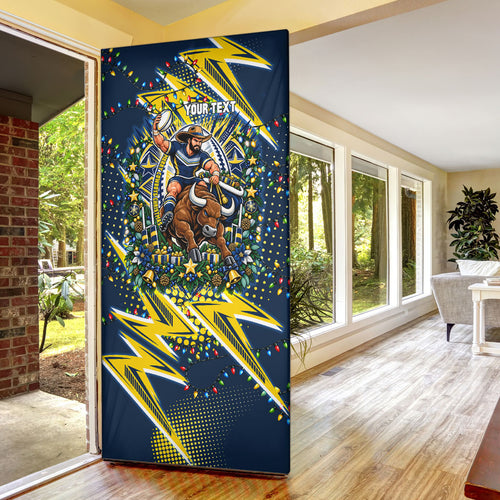 Personalized North Queensland Cowboys Rugby Christmas Door Cover Holiday Mascot Graphic Art Festive Lights Bow