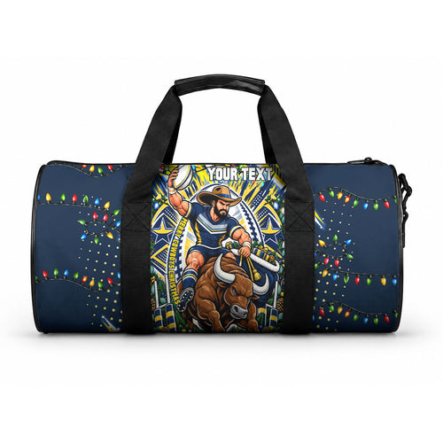 Personalized North Queensland Cowboys Rugby Christmas Duffle Bag Holiday Mascot Graphic Art Festive Lights Bow