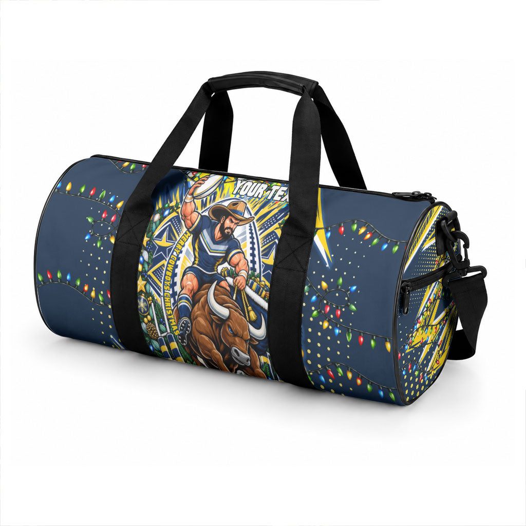 Personalized North Queensland Cowboys Rugby Christmas Duffle Bag Holiday Mascot Graphic Art Festive Lights Bow