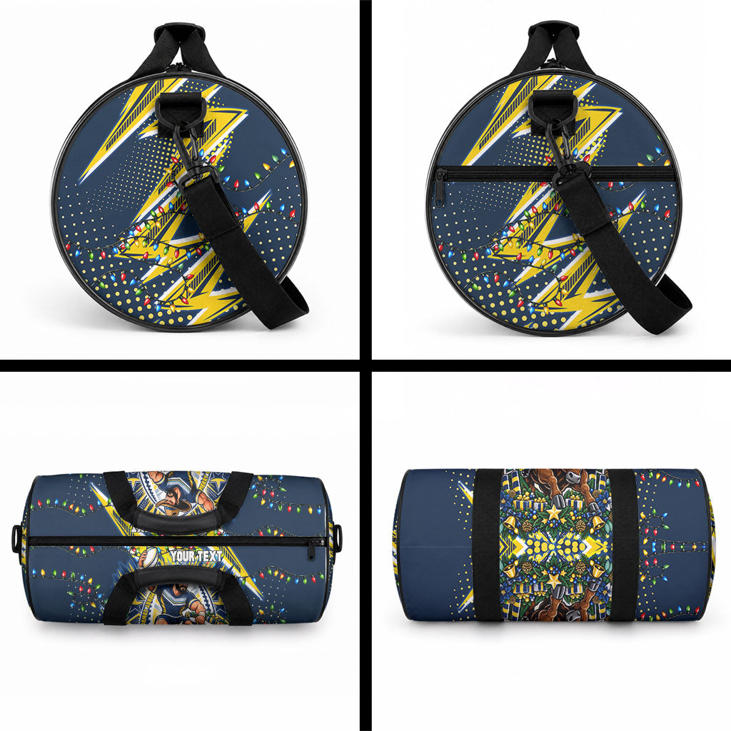 Personalized North Queensland Cowboys Rugby Christmas Duffle Bag Holiday Mascot Graphic Art Festive Lights Bow