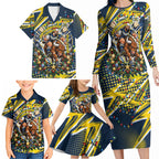 Personalized North Queensland Cowboys Rugby Christmas Family Matching Long Sleeve Bodycon Dress and Hawaiian Shirt Holiday Mascot Graphic Art Festive Lights Bow