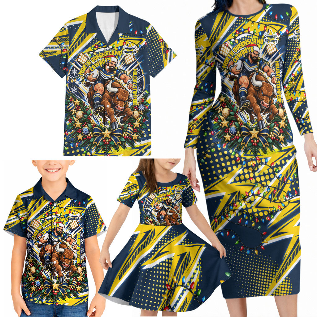 Personalized North Queensland Cowboys Rugby Christmas Family Matching Long Sleeve Bodycon Dress and Hawaiian Shirt Holiday Mascot Graphic Art Festive Lights Bow