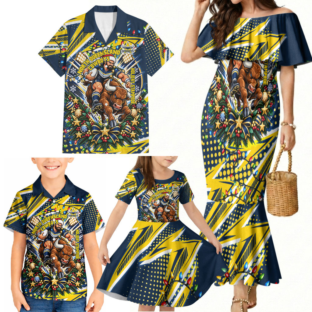 Personalized North Queensland Cowboys Rugby Christmas Family Matching Mermaid Dress and Hawaiian Shirt Holiday Mascot Graphic Art Festive Lights Bow