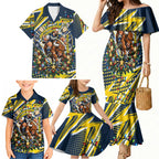 Personalized North Queensland Cowboys Rugby Christmas Family Matching Mermaid Dress and Hawaiian Shirt Holiday Mascot Graphic Art Festive Lights Bow