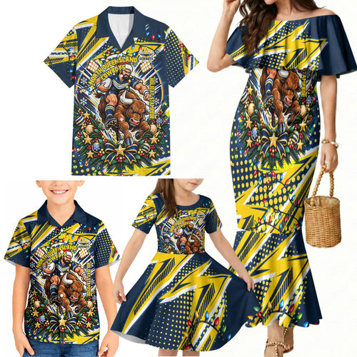 Personalized North Queensland Cowboys Rugby Christmas Family Matching Mermaid Dress and Hawaiian Shirt Holiday Mascot Graphic Art Festive Lights Bow