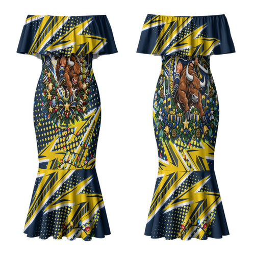 Personalized North Queensland Cowboys Rugby Christmas Family Matching Mermaid Dress and Hawaiian Shirt Holiday Mascot Graphic Art Festive Lights Bow