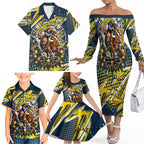 Personalized North Queensland Cowboys Rugby Christmas Family Matching Off The Shoulder Long Sleeve Dress and Hawaiian Shirt Holiday Mascot Graphic Art Festive Lights Bow