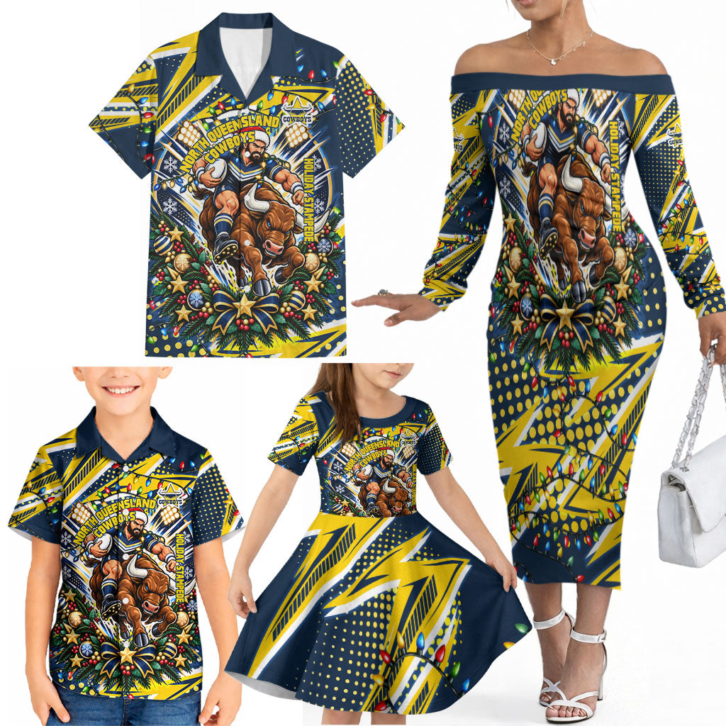 Personalized North Queensland Cowboys Rugby Christmas Family Matching Off The Shoulder Long Sleeve Dress and Hawaiian Shirt Holiday Mascot Graphic Art Festive Lights Bow