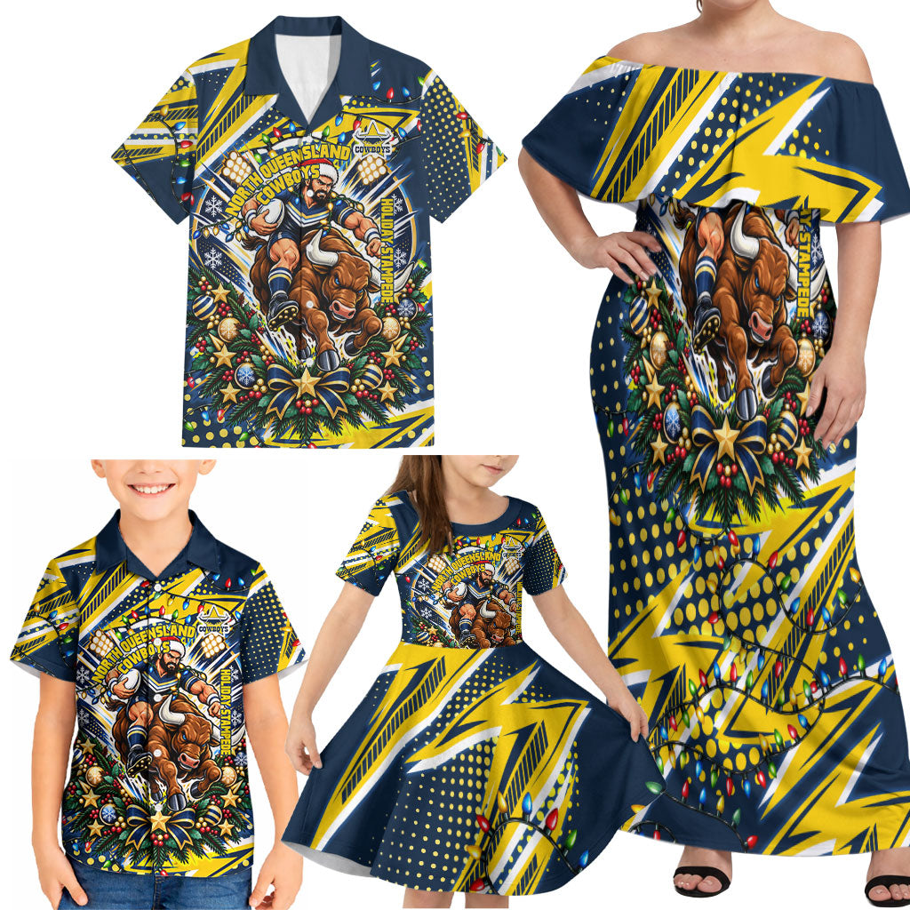 Personalized North Queensland Cowboys Rugby Christmas Family Matching Off Shoulder Maxi Dress and Hawaiian Shirt Holiday Mascot Graphic Art Festive Lights Bow