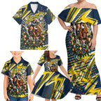 Personalized North Queensland Cowboys Rugby Christmas Family Matching Off Shoulder Maxi Dress and Hawaiian Shirt Holiday Mascot Graphic Art Festive Lights Bow