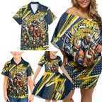 Personalized North Queensland Cowboys Rugby Christmas Family Matching Off Shoulder Short Dress and Hawaiian Shirt Holiday Mascot Graphic Art Festive Lights Bow