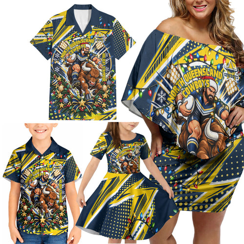 Personalized North Queensland Cowboys Rugby Christmas Family Matching Off Shoulder Short Dress and Hawaiian Shirt Holiday Mascot Graphic Art Festive Lights Bow