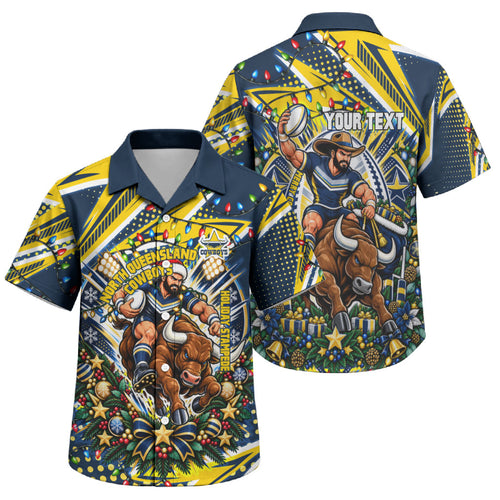 Personalized North Queensland Cowboys Rugby Christmas Family Matching Off Shoulder Short Dress and Hawaiian Shirt Holiday Mascot Graphic Art Festive Lights Bow