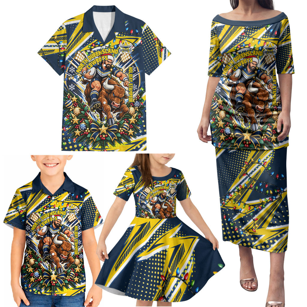 Personalized North Queensland Cowboys Rugby Christmas Family Matching Puletasi and Hawaiian Shirt Holiday Mascot Graphic Art Festive Lights Bow