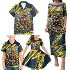 Personalized North Queensland Cowboys Rugby Christmas Family Matching Puletasi and Hawaiian Shirt Holiday Mascot Graphic Art Festive Lights Bow