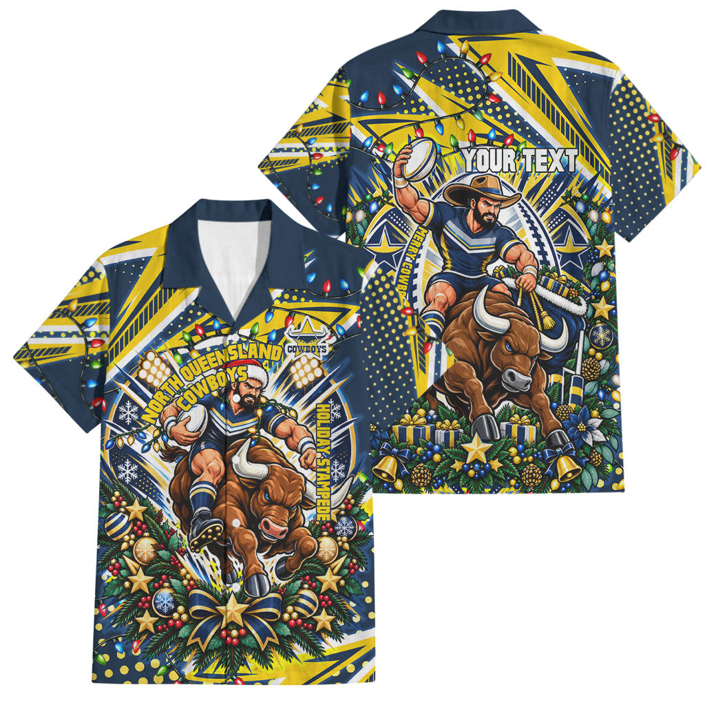 Personalized North Queensland Cowboys Rugby Christmas Family Matching Puletasi and Hawaiian Shirt Holiday Mascot Graphic Art Festive Lights Bow