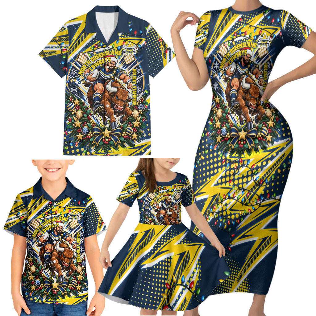Personalized North Queensland Cowboys Rugby Christmas Family Matching Short Sleeve Bodycon Dress and Hawaiian Shirt Holiday Mascot Graphic Art Festive Lights Bow