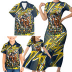 Personalized North Queensland Cowboys Rugby Christmas Family Matching Short Sleeve Bodycon Dress and Hawaiian Shirt Holiday Mascot Graphic Art Festive Lights Bow