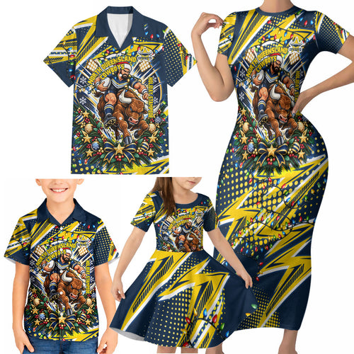 Personalized North Queensland Cowboys Rugby Christmas Family Matching Short Sleeve Bodycon Dress and Hawaiian Shirt Holiday Mascot Graphic Art Festive Lights Bow
