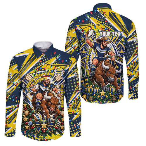 Personalized North Queensland Cowboys Rugby Christmas Family Matching Short Sleeve Bodycon Dress and Hawaiian Shirt Holiday Mascot Graphic Art Festive Lights Bow