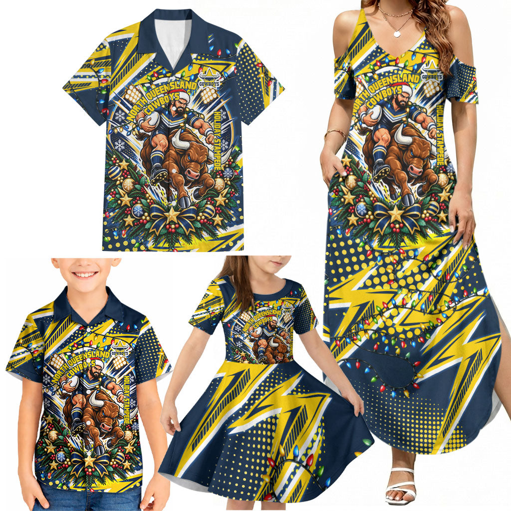 Personalized North Queensland Cowboys Rugby Christmas Family Matching Summer Maxi Dress and Hawaiian Shirt Holiday Mascot Graphic Art Festive Lights Bow