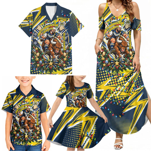 Personalized North Queensland Cowboys Rugby Christmas Family Matching Summer Maxi Dress and Hawaiian Shirt Holiday Mascot Graphic Art Festive Lights Bow