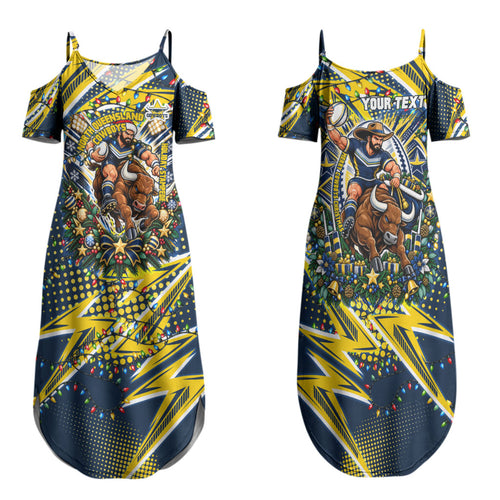 Personalized North Queensland Cowboys Rugby Christmas Family Matching Summer Maxi Dress and Hawaiian Shirt Holiday Mascot Graphic Art Festive Lights Bow