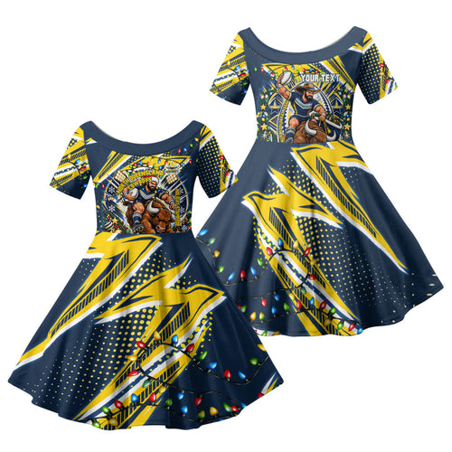 Personalized North Queensland Cowboys Rugby Christmas Family Matching Summer Maxi Dress and Hawaiian Shirt Holiday Mascot Graphic Art Festive Lights Bow
