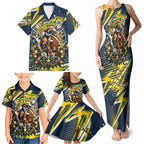 Personalized North Queensland Cowboys Rugby Christmas Family Matching Tank Maxi Dress and Hawaiian Shirt Holiday Mascot Graphic Art Festive Lights Bow